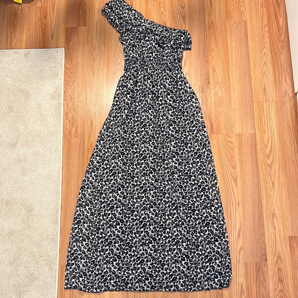 Grey cheetah print chiffon one shoulder gown